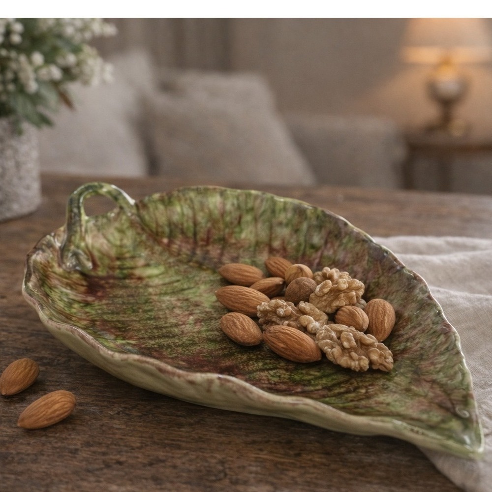 Vintage Jamieson's California Pottery Leaf Dish Green Burgundy Glazed‎ Ceramic